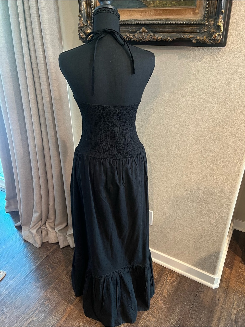 Swiss Dot Halter Maxi Dress Smocked Top Ruffle Tiered Skirt Cottagecore Romantic - Picture 2 of 8